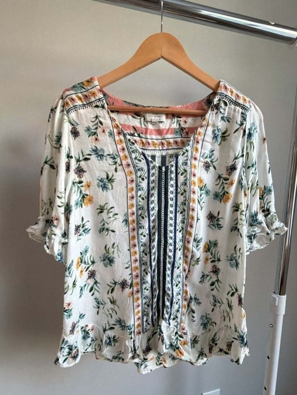 Lucky Brand Cream Floral Peasant Blouse with Green and Yellow Accents